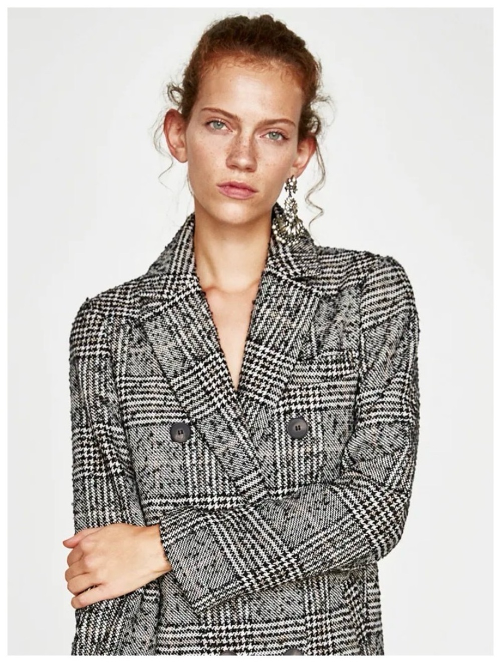Zara Black and White Plaid Double-Breasted Blazer